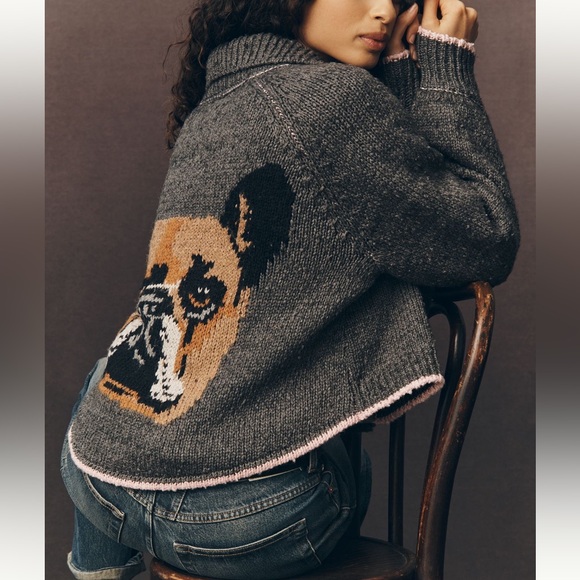 Pilcro Anthropologie Jesse Icon Cardigan Sweater- Grey French Bulldog - Picture 2 of 7